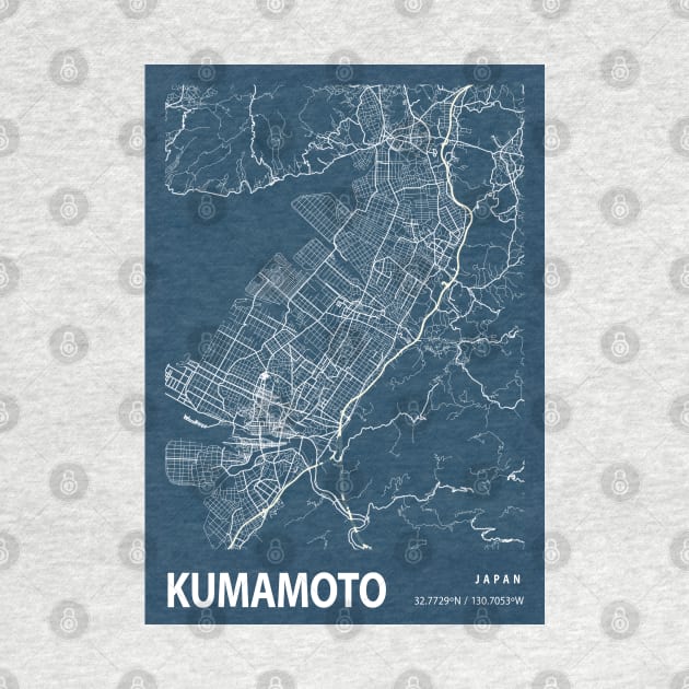 Kumamoto Blueprint Street Map, Kumamoto Colour Map Prints by tienstencil